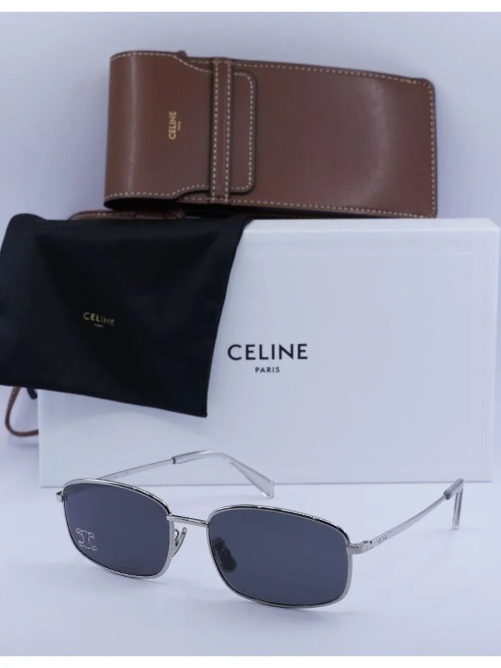 Celine CL40285U RHINESTONE TRIOMPHE 16A Rectangle Sunglasses - Palladium / Grey